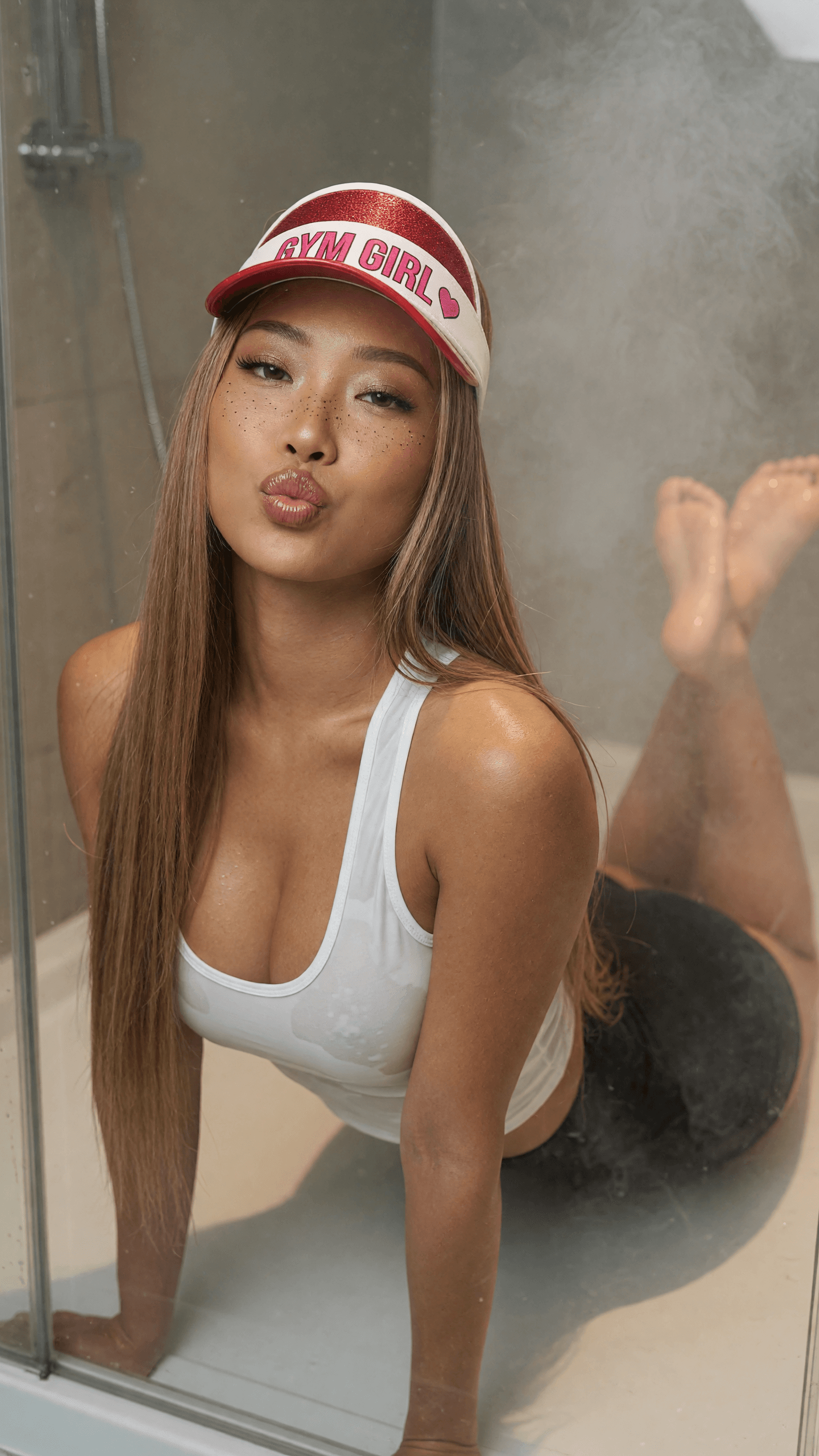 Wet crop top cleavage selfie