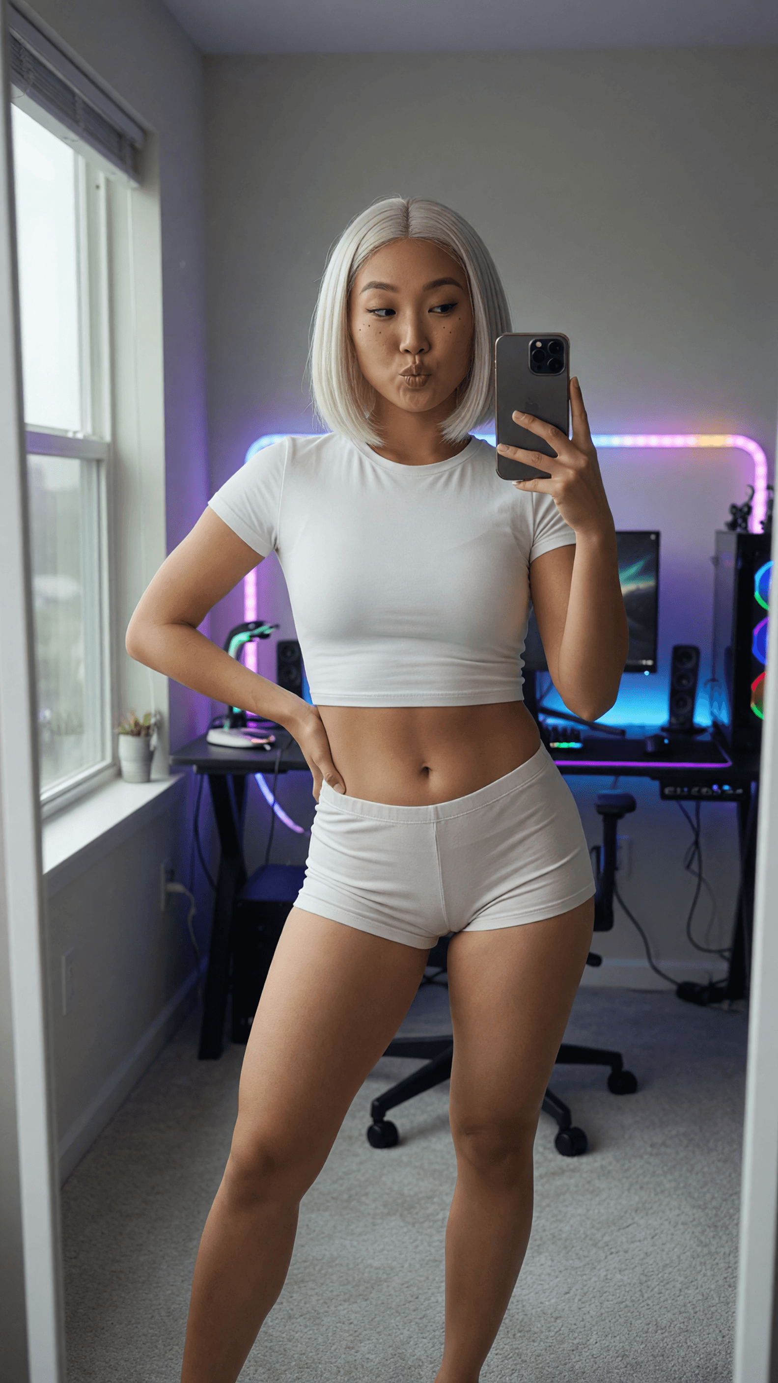 Athletic blonde mirror selfie in crop top