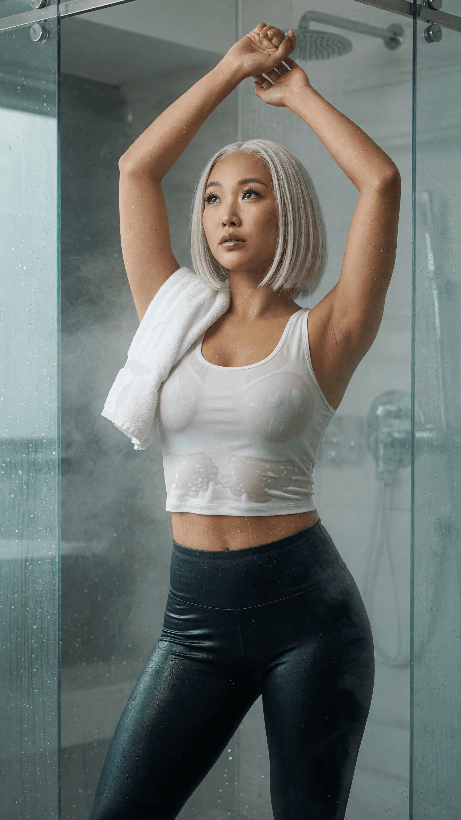 Wet shower selfie in see-through top