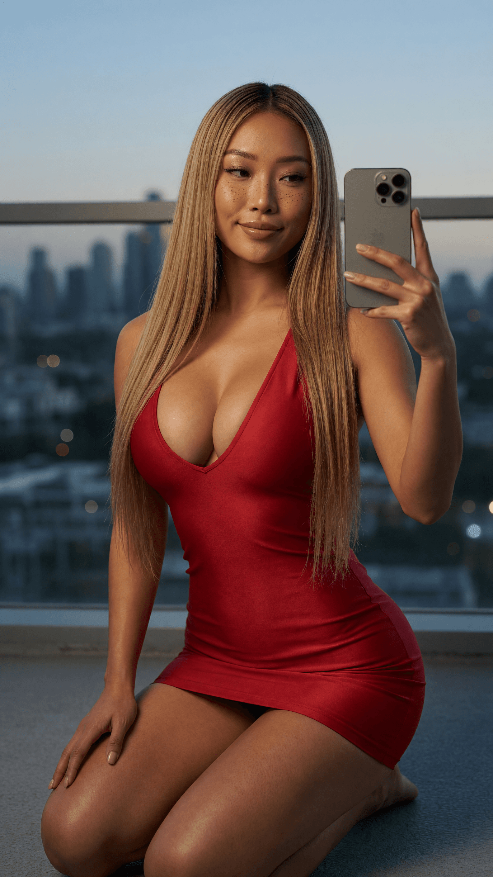 Blonde Asian balcony selfie at dusk