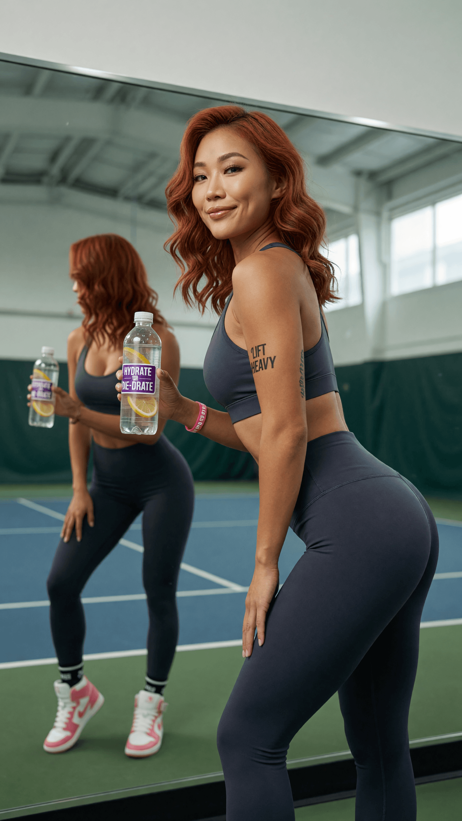 Redhead gym ass mirror pose