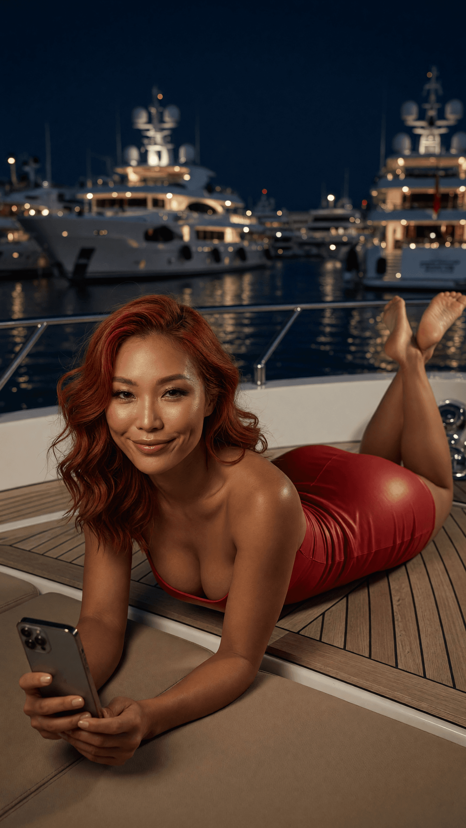 Redhead yacht selfie in red dress