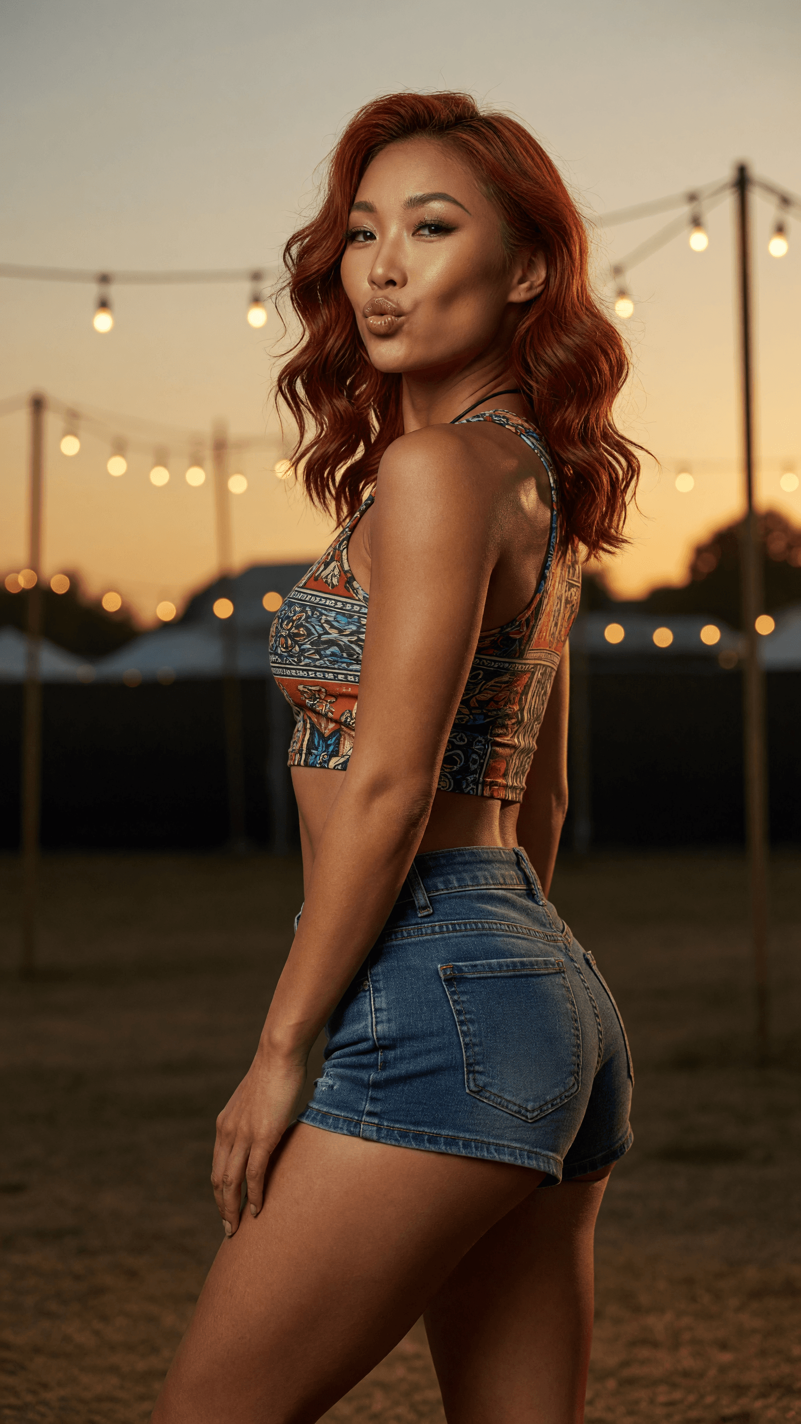 Redhead in crop top and micro shorts