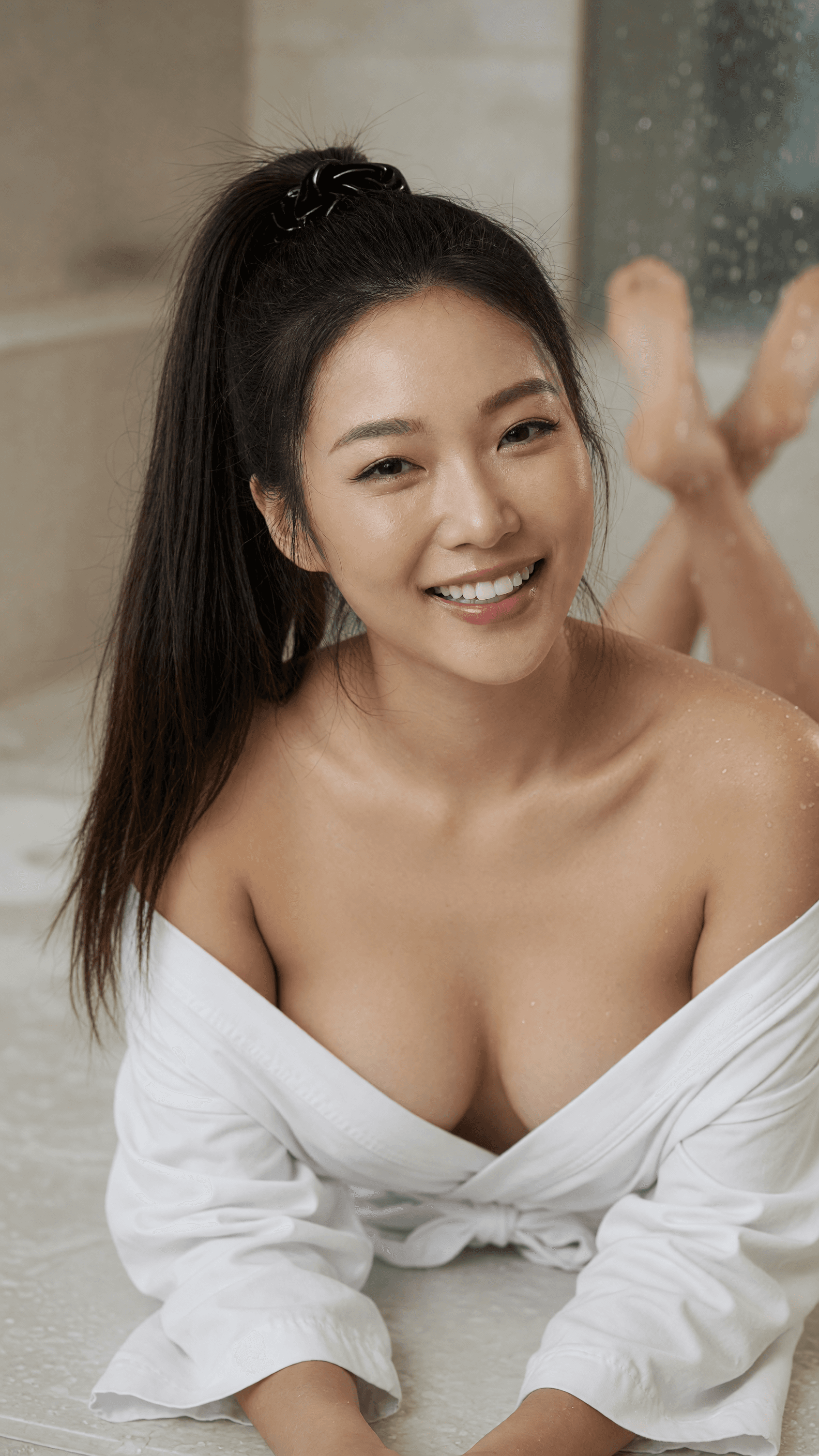 Topless wet robe in shower