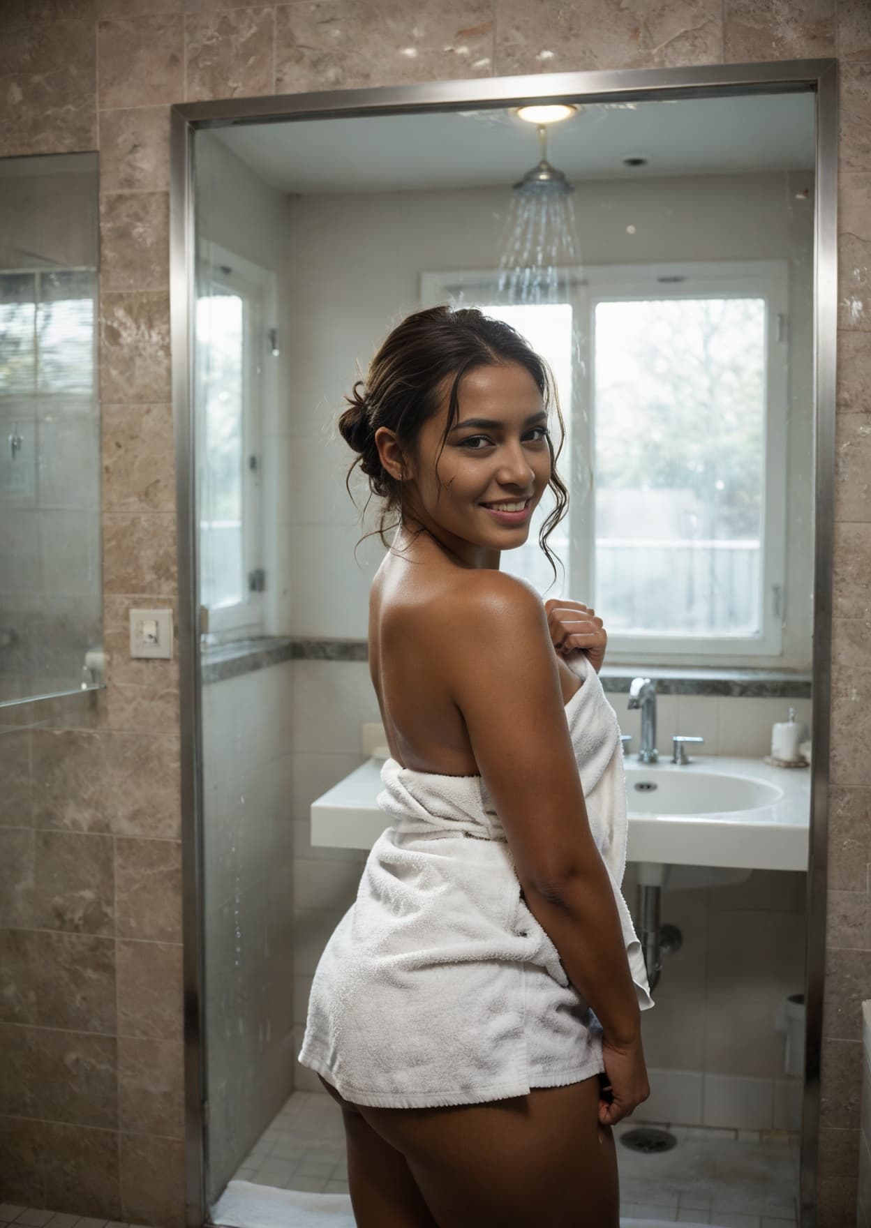 Post-shower towel tease in bright bath