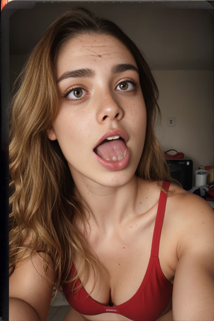 Playful tongue selfie in red bra