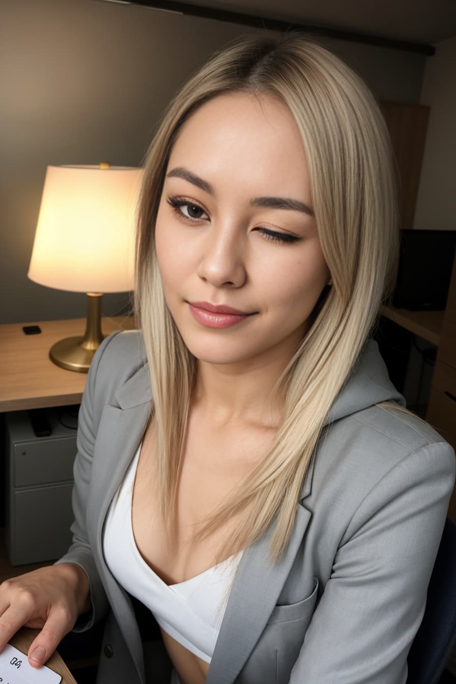 Platinum blonde office selfie after hours