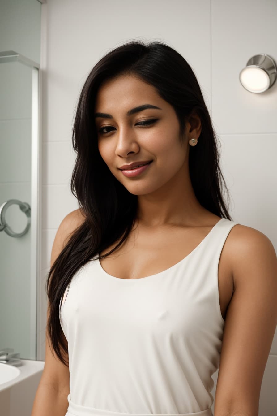 Jet black hair, soft bathroom smile