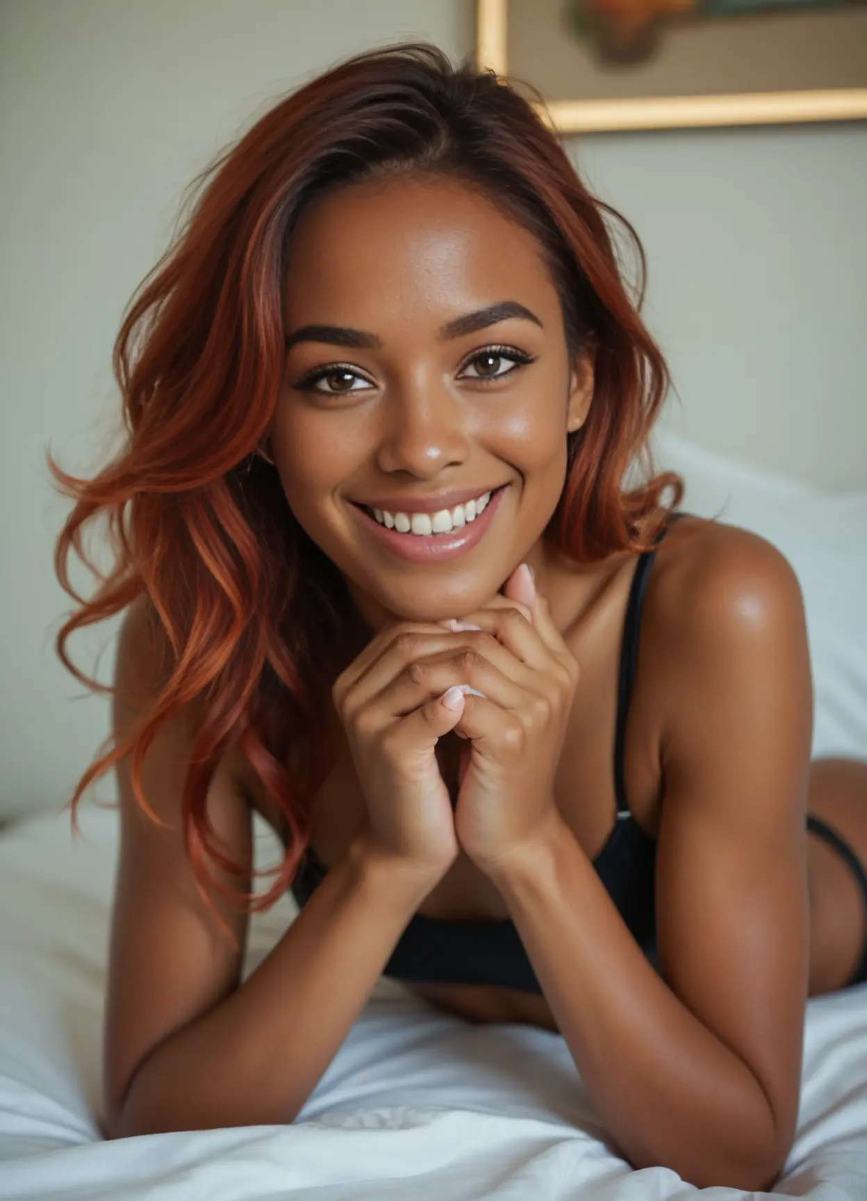 Redhead in black camisole on bed