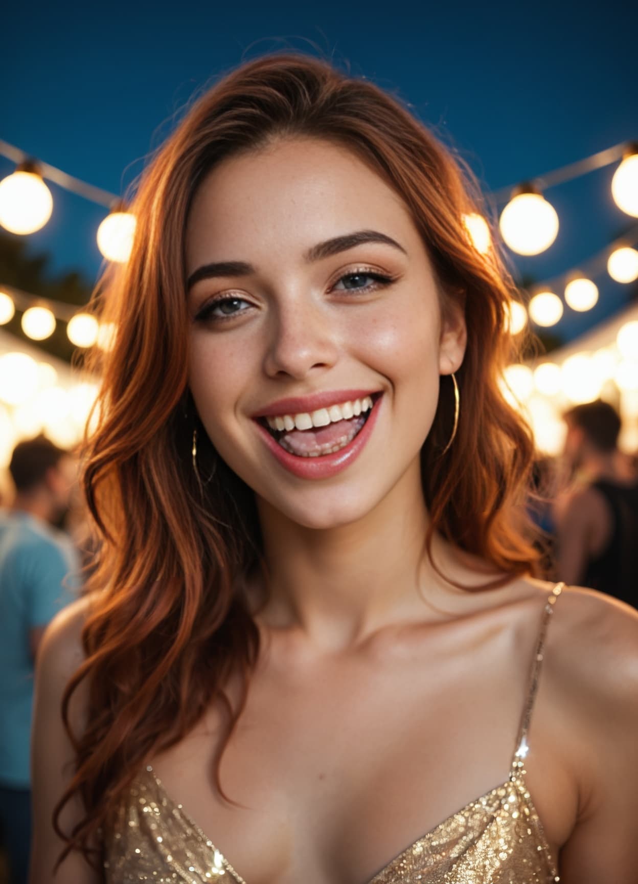 Redhead sequin dress at night party