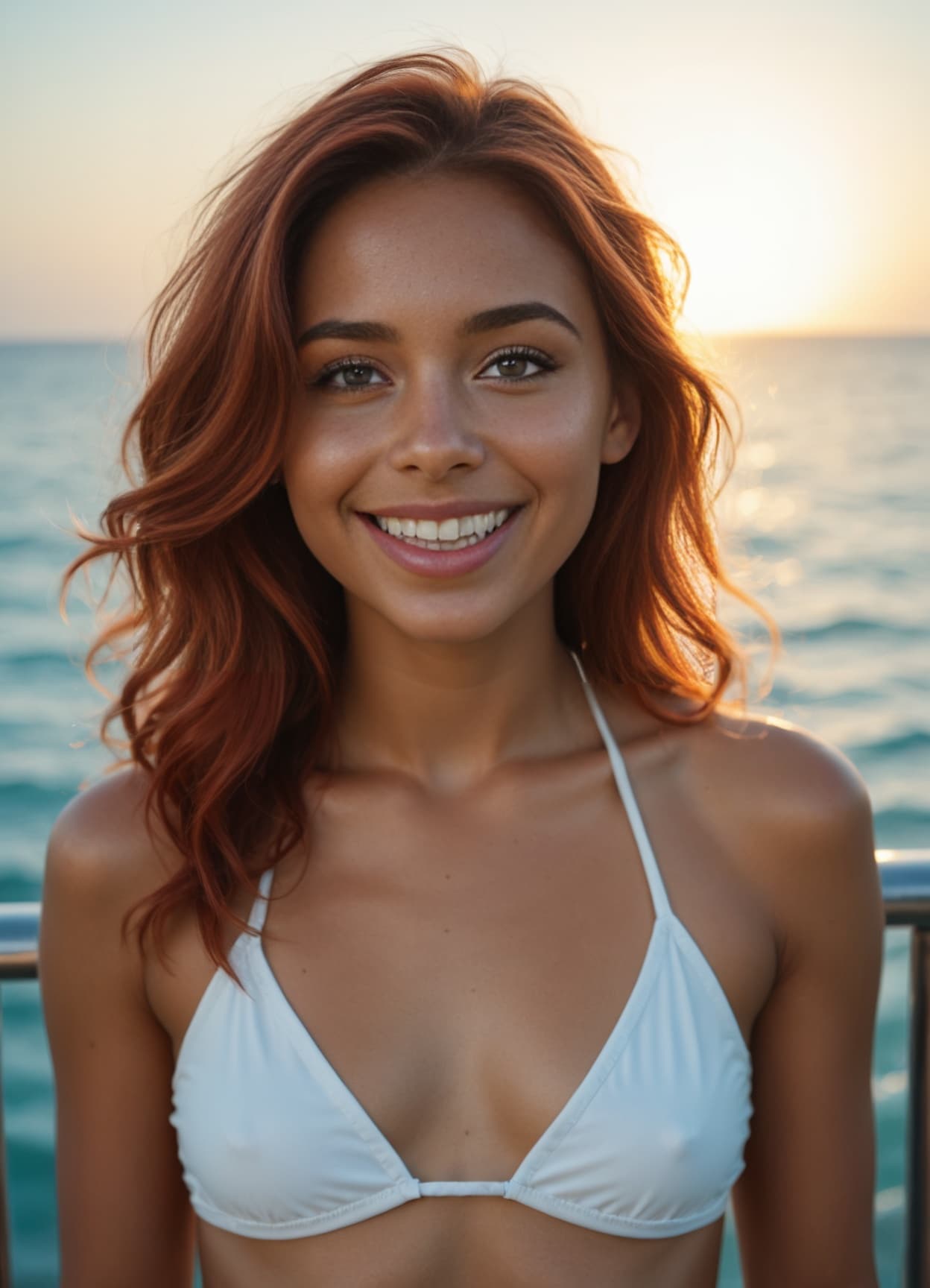 Athletic redhead curves in white bikini
