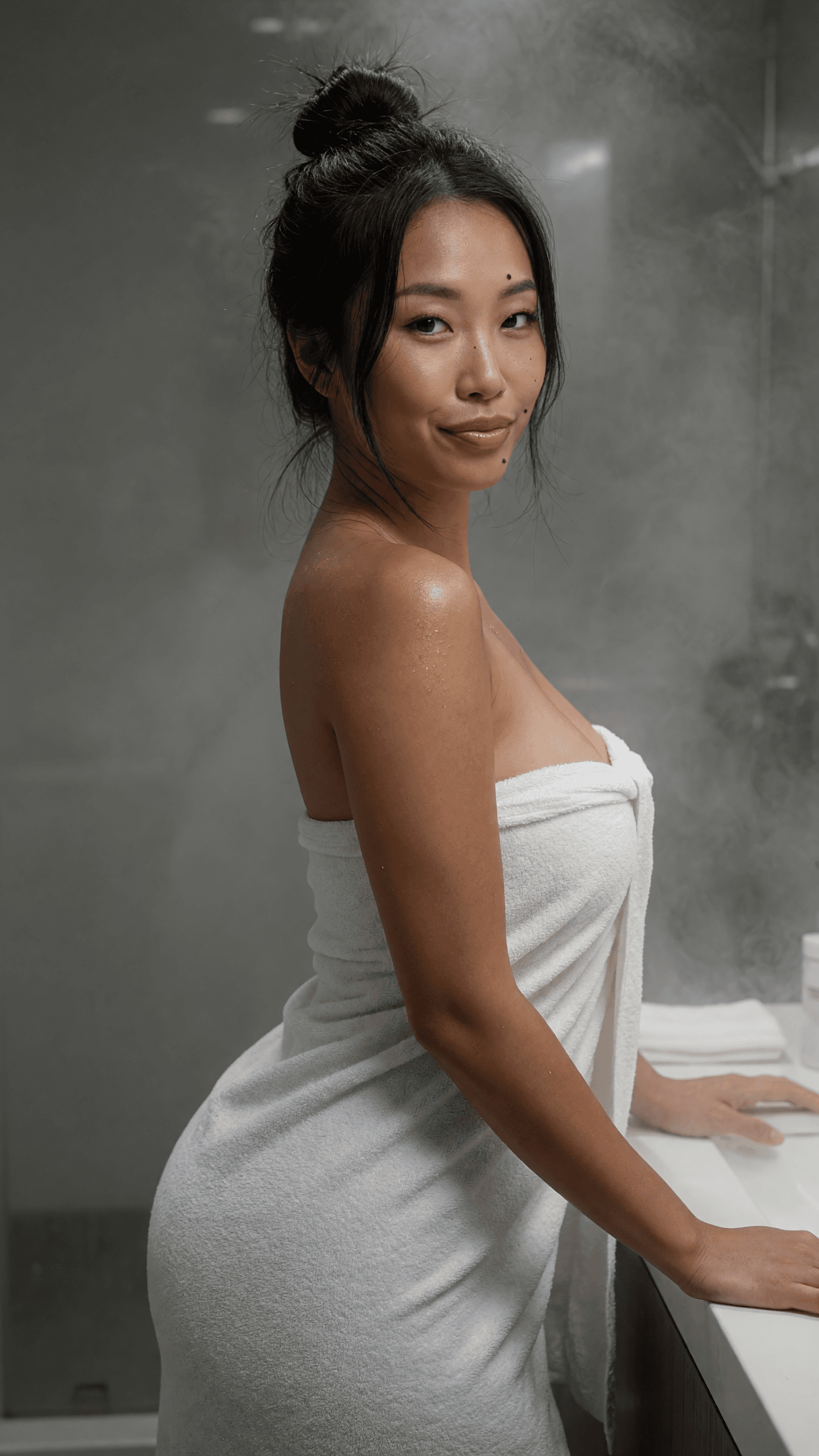 Towel drop tease in steamy bath