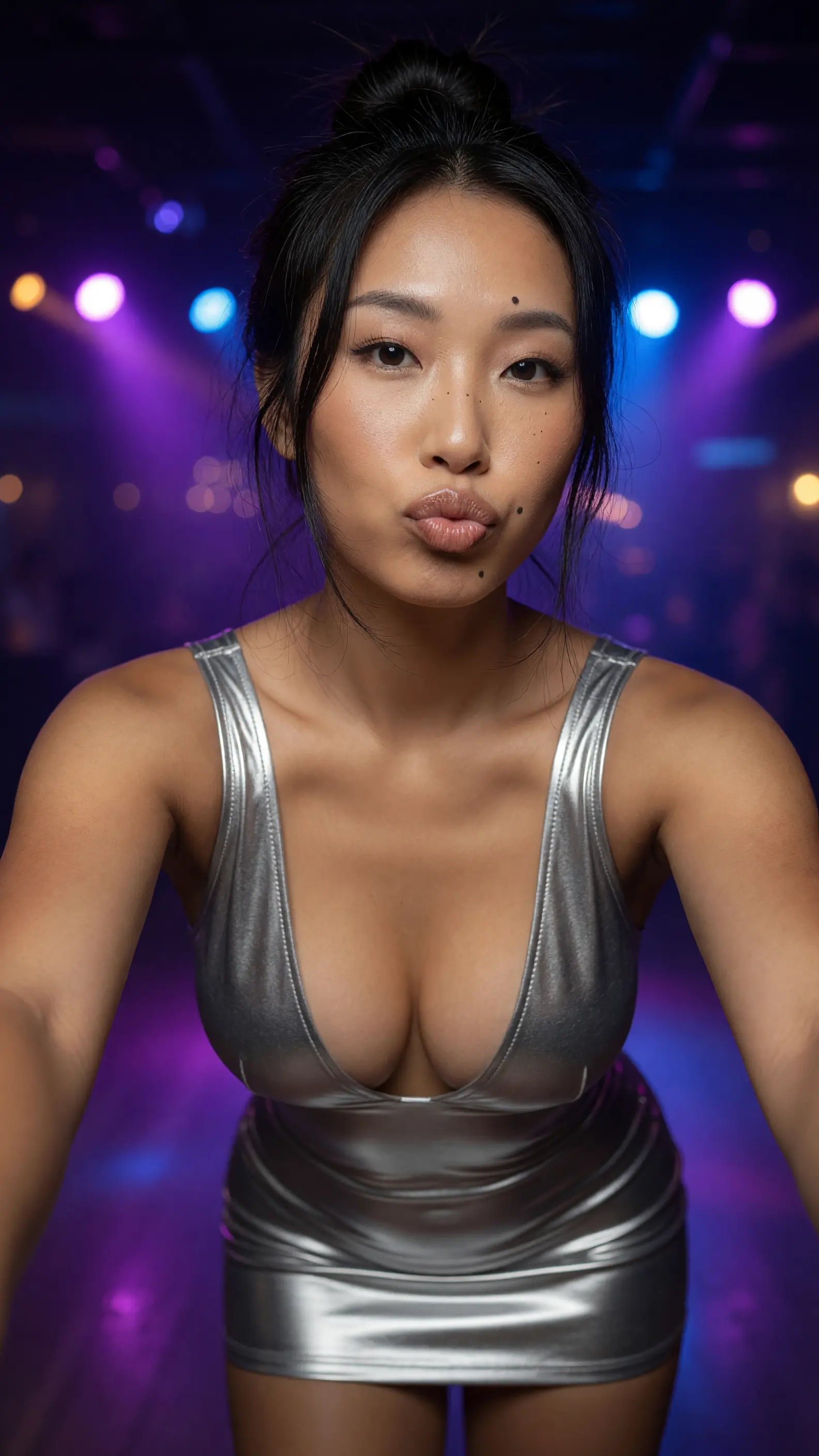Silver mini dress kiss selfie