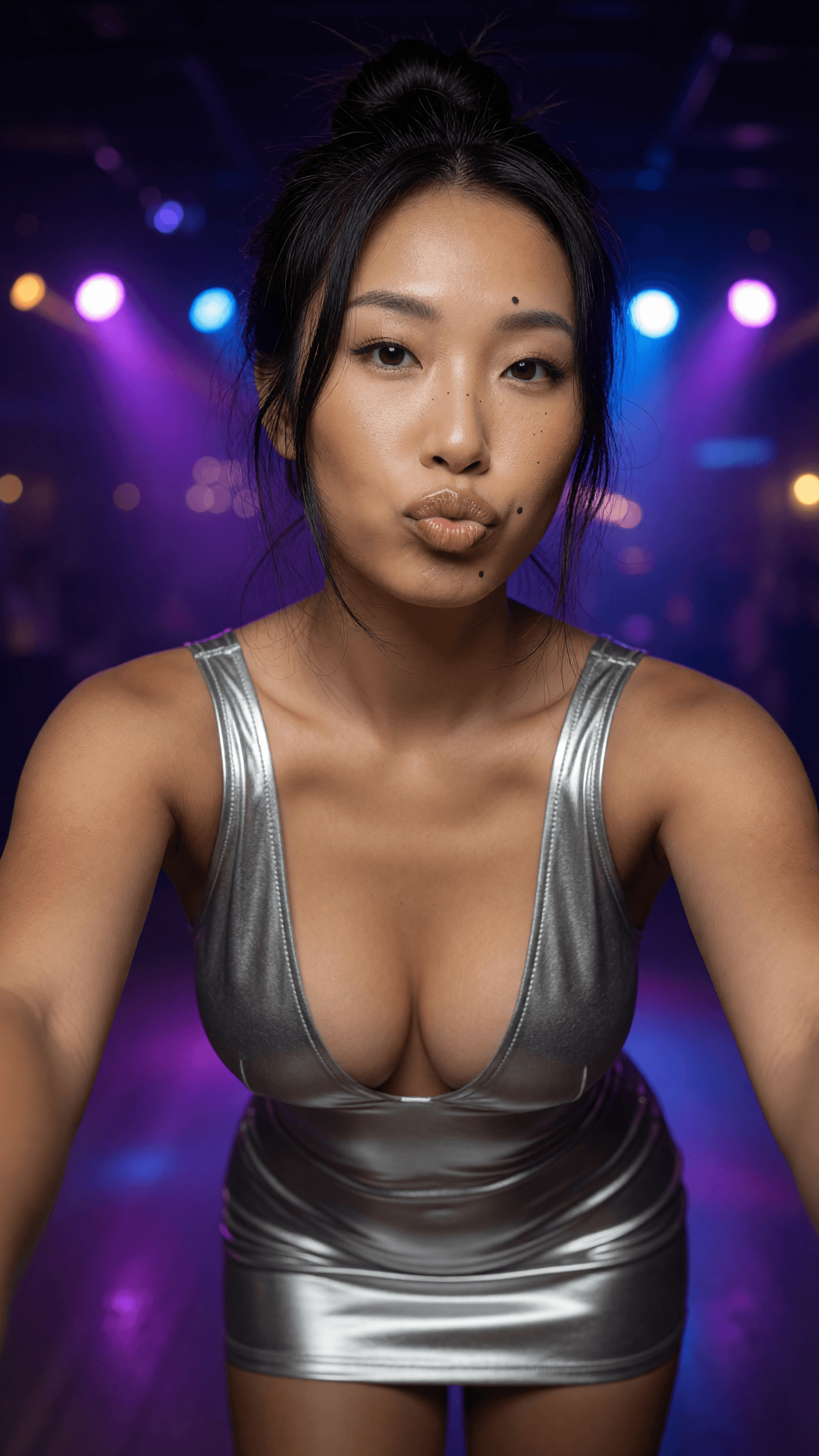 Silver mini dress kiss selfie
