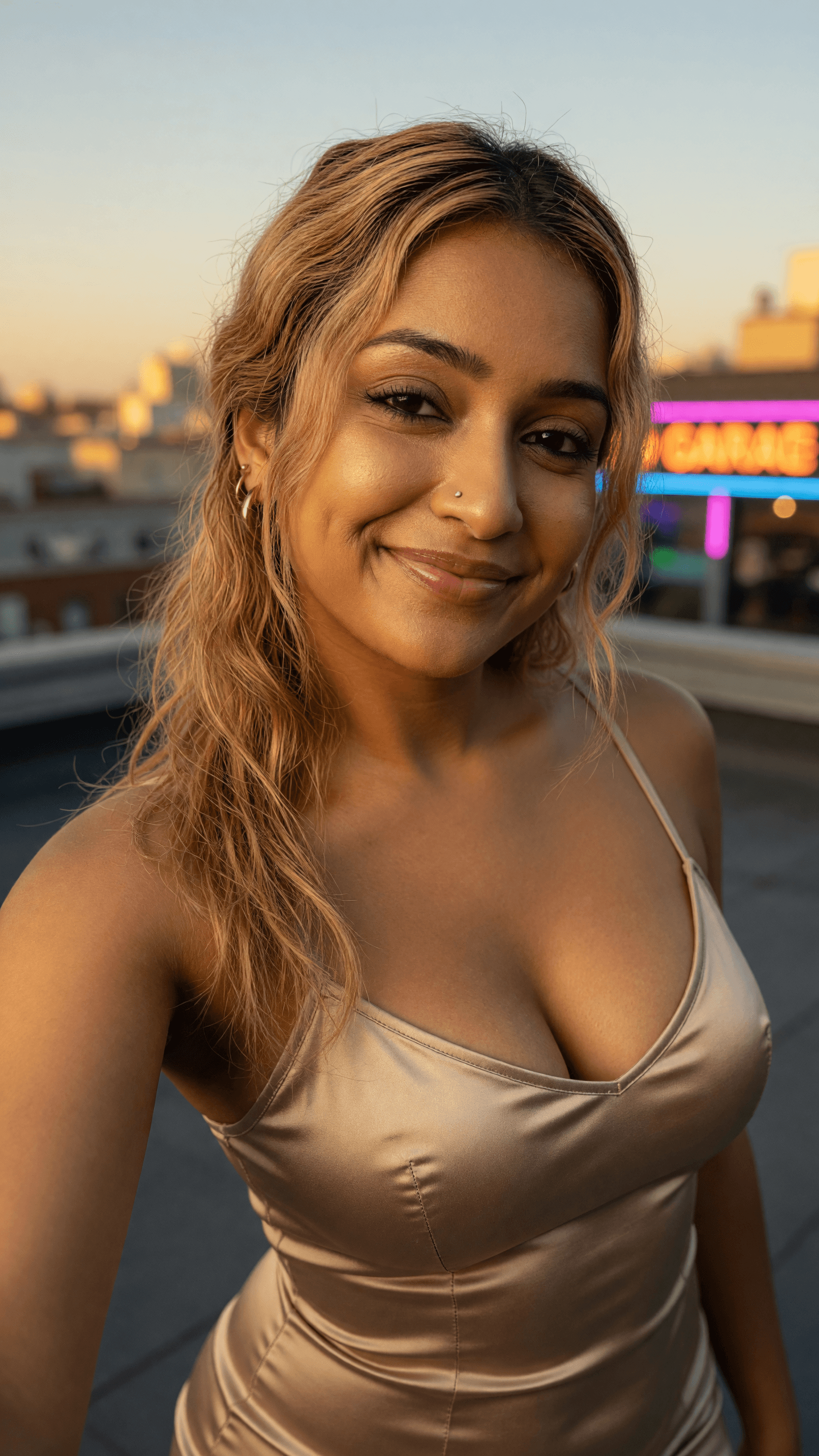 Blonde rooftop selfie at dusk