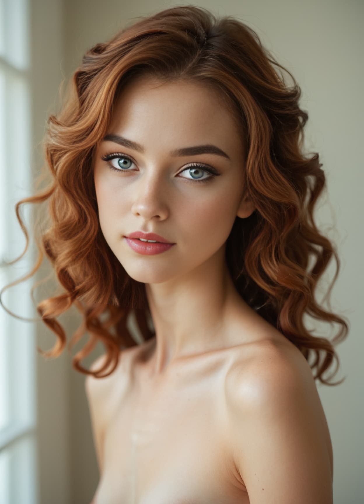 Redhead topless close-up in soft light