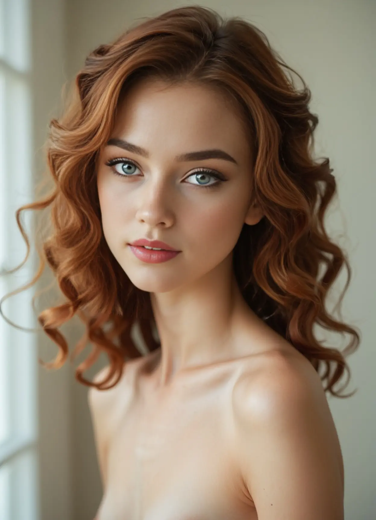 Redhead blue eyes topless gaze