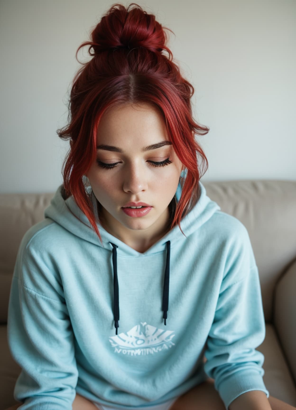 Redhead fingers herself on couch
