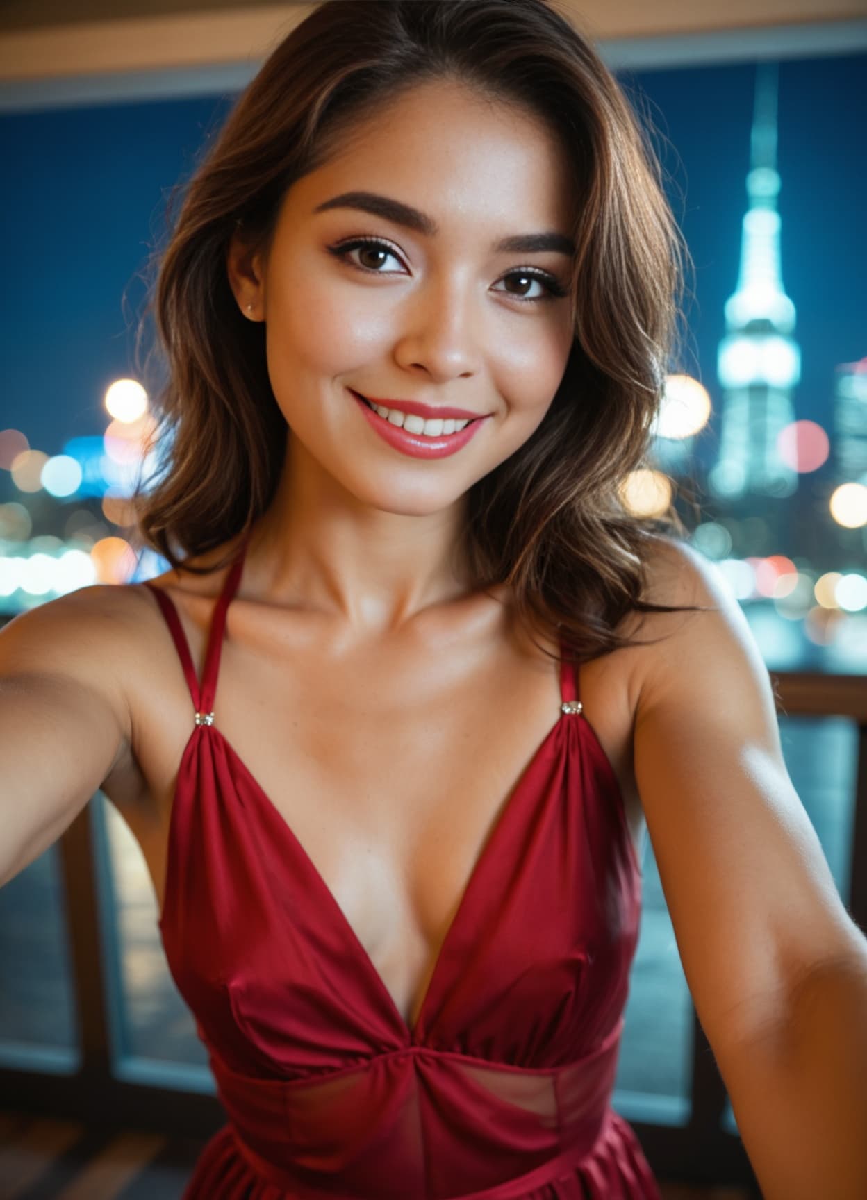 City skyline balcony selfie in red satin
