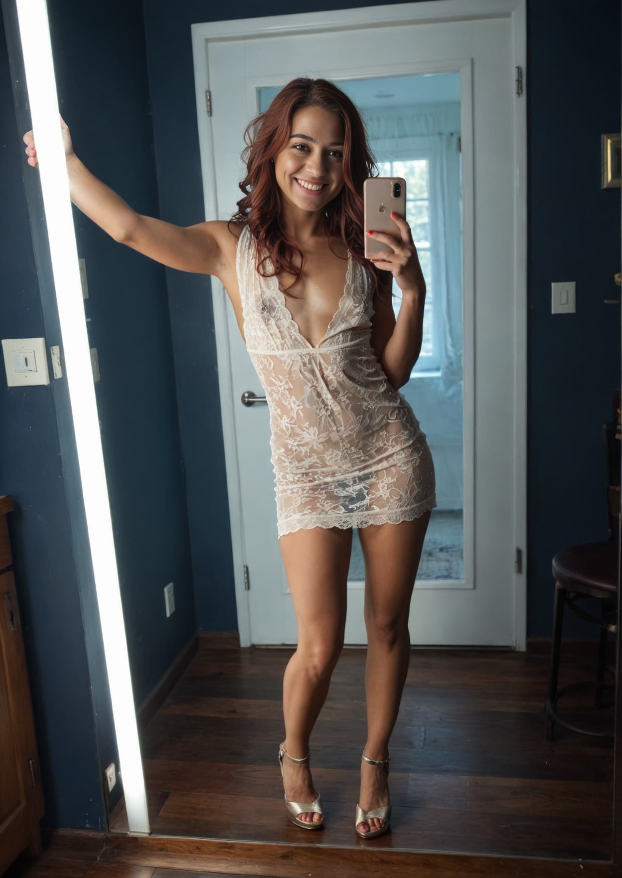 Redhead sheer lace babydoll mirror selfie