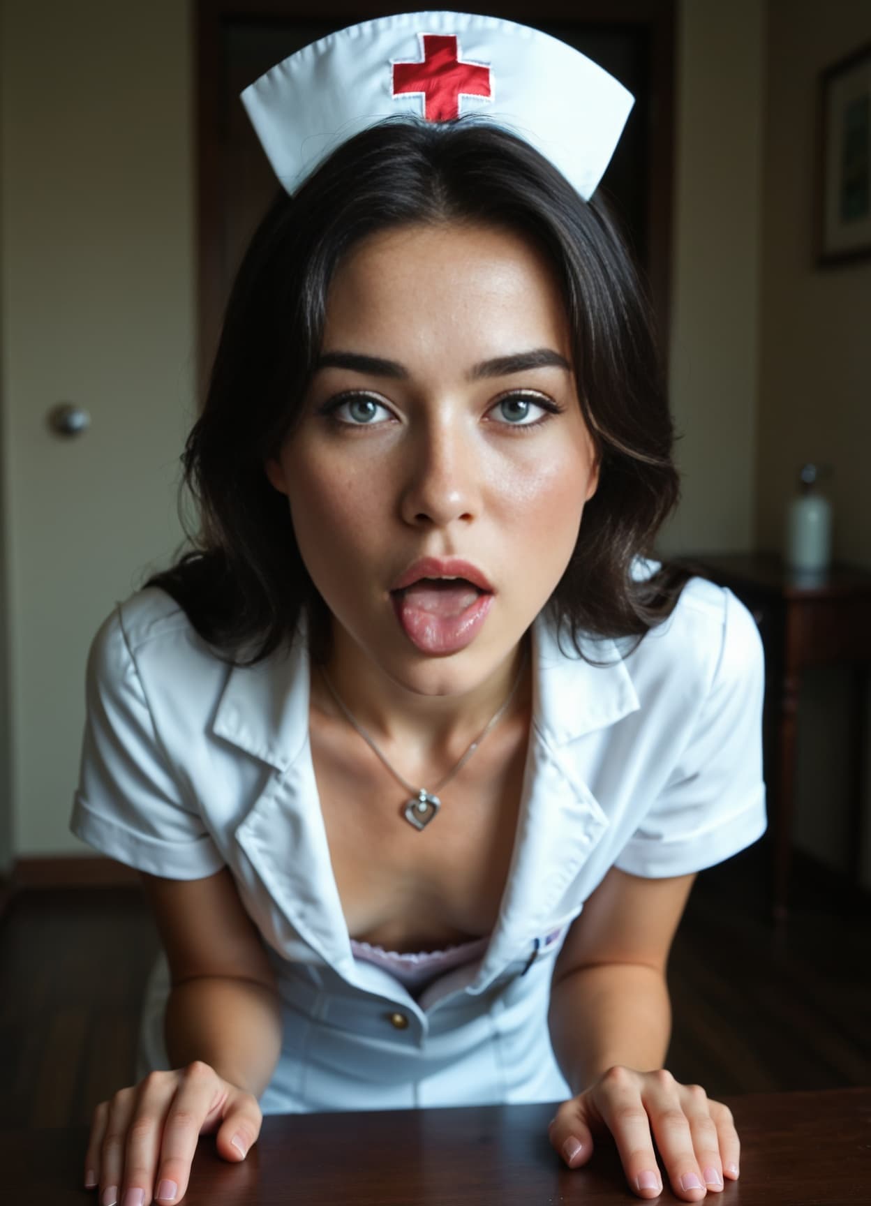 Nurse cleavage tongue out closeup