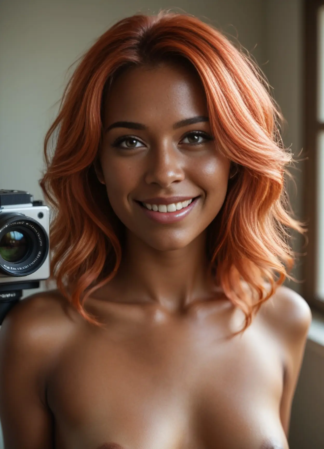 Topless close-up balcony smile