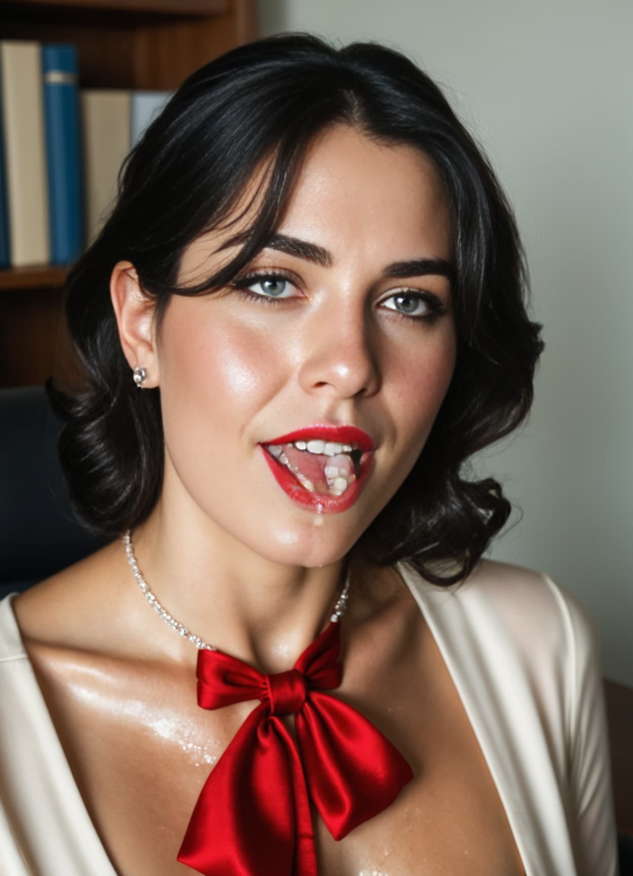 Cream blouse open in office