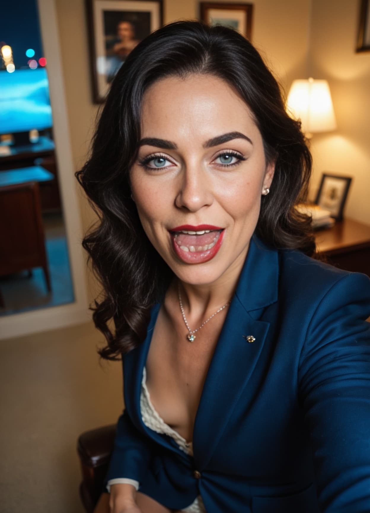 Tongue out mirror selfie in blazer