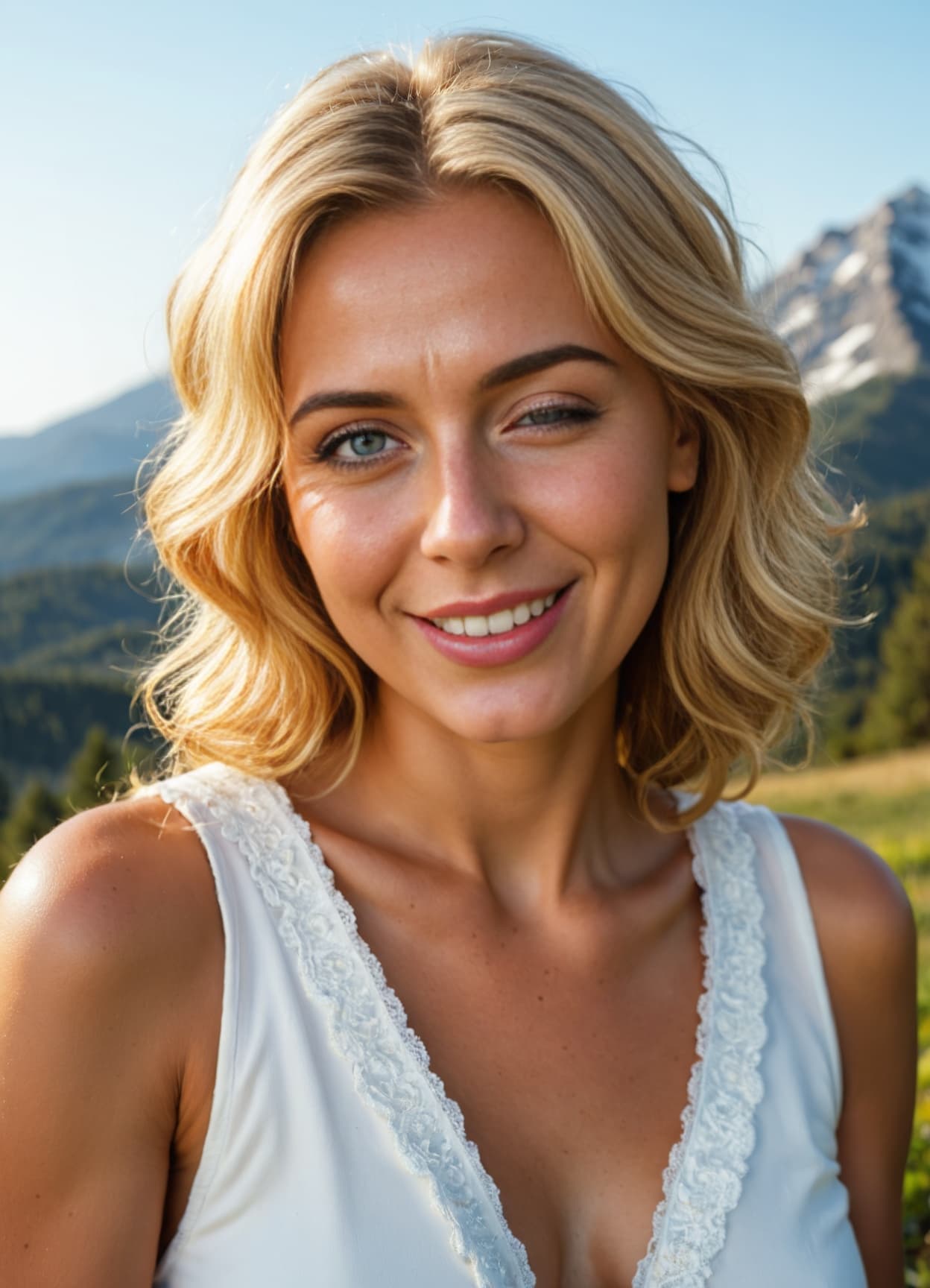 Wavy blonde selfie in the mountains