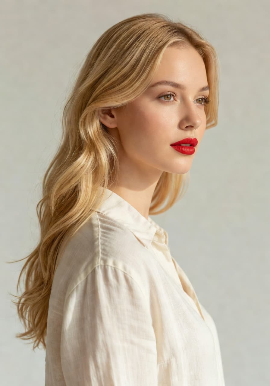 Young adult blonde in linen shirt