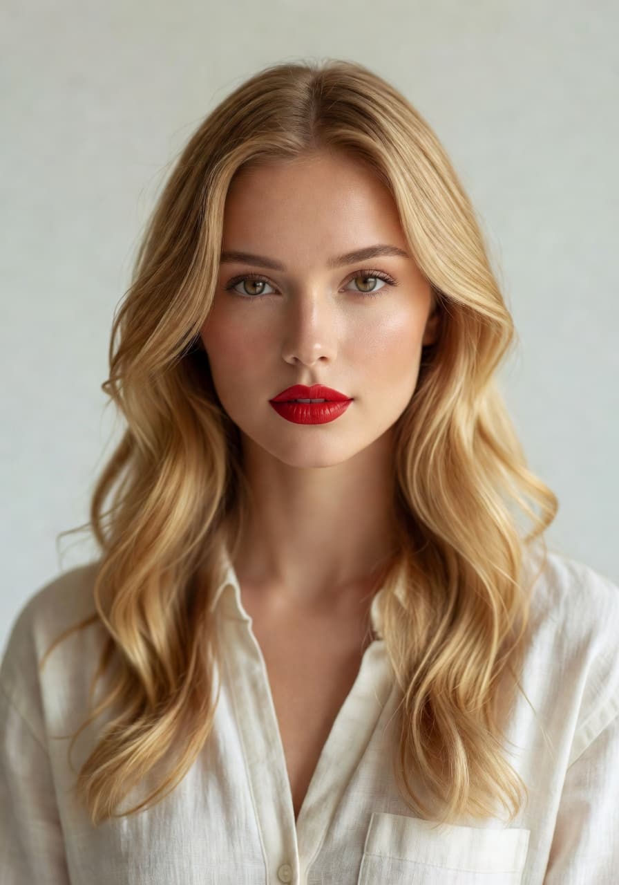 College blonde in linen shirt