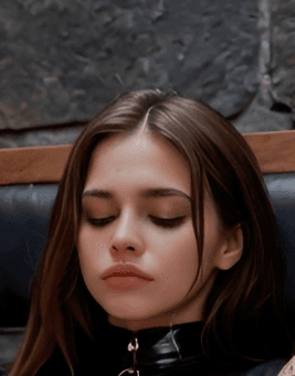 Young adult brunette in glossy black zip top