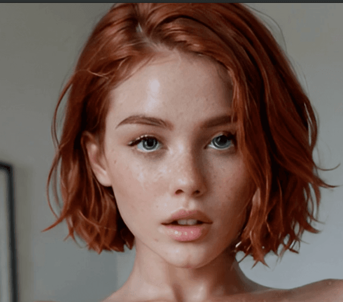 Redhead topless close-up, blue eyes on camera
