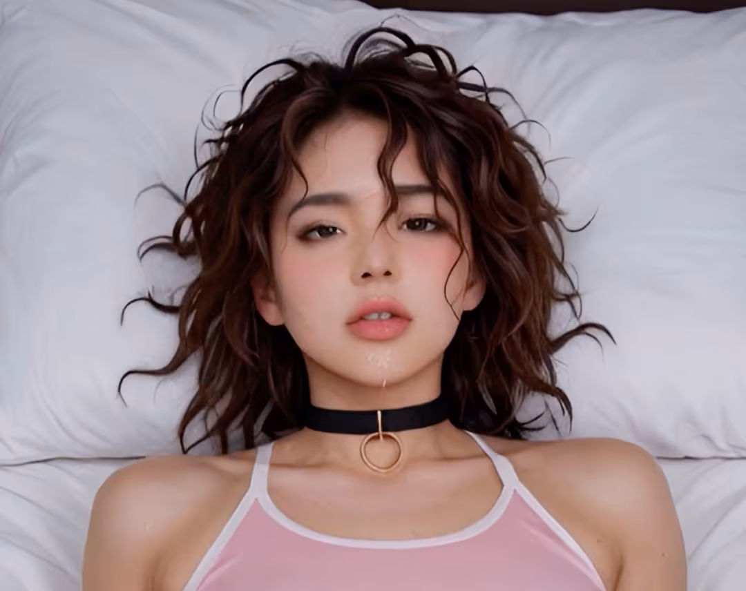 Asian in pink tank top after facial on bed