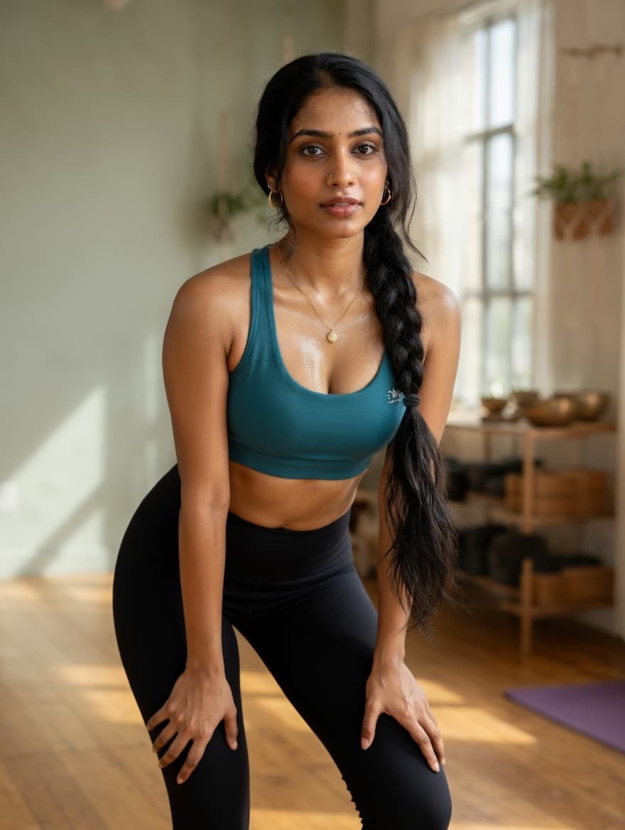 Nisha in teal sports bra during studio stretch