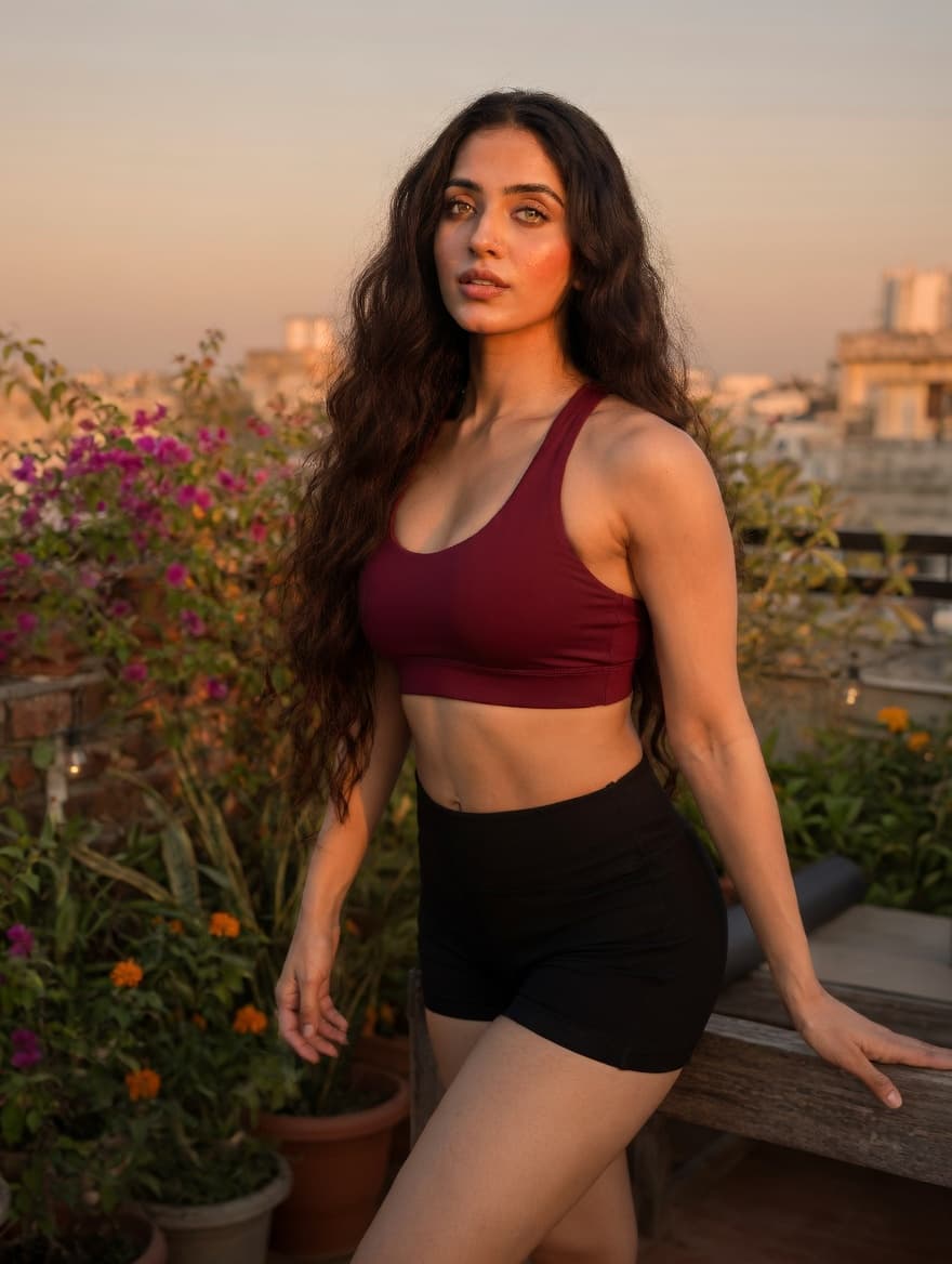 Rooftop garden sports bra pose
