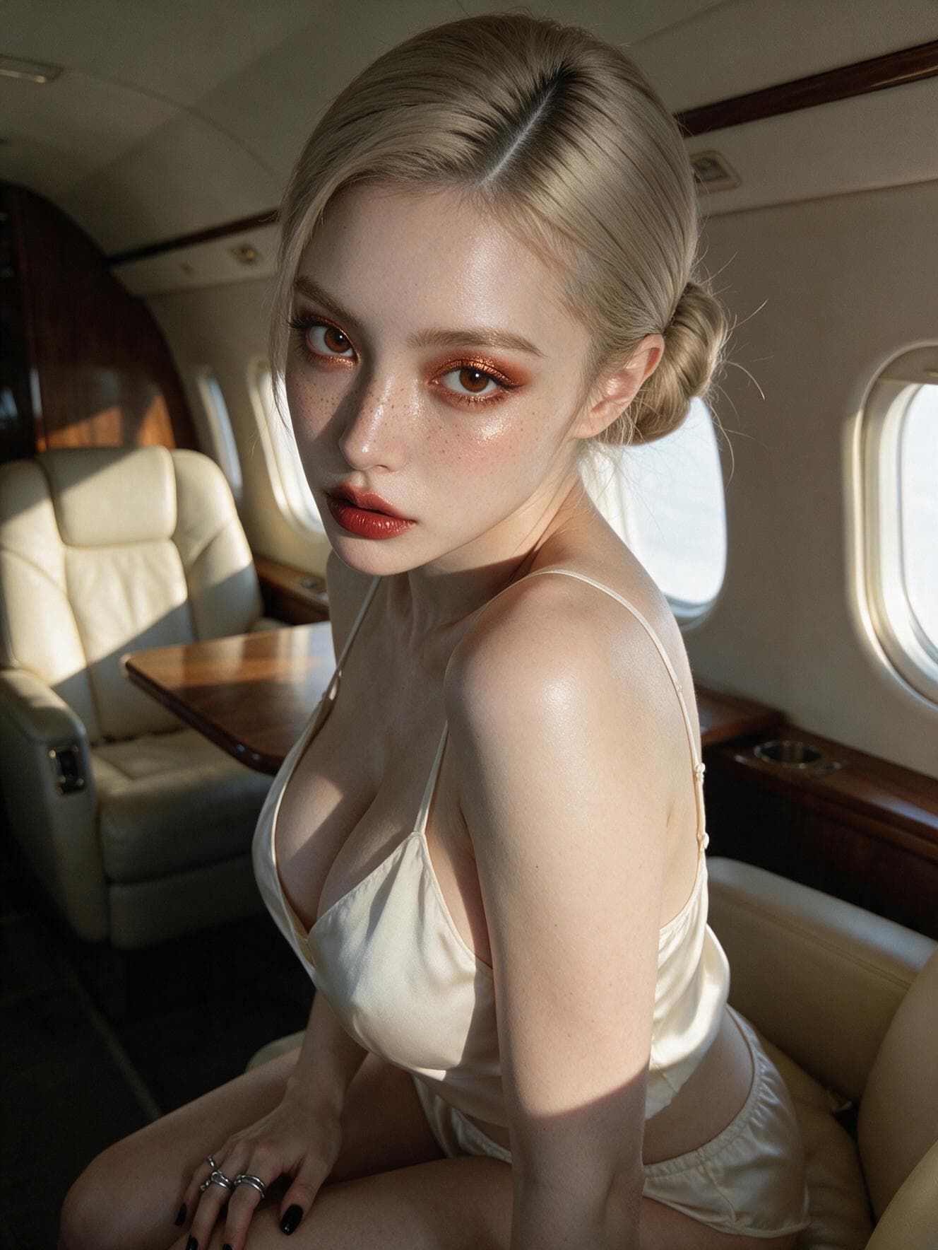 Platinum blonde in private jet cabin