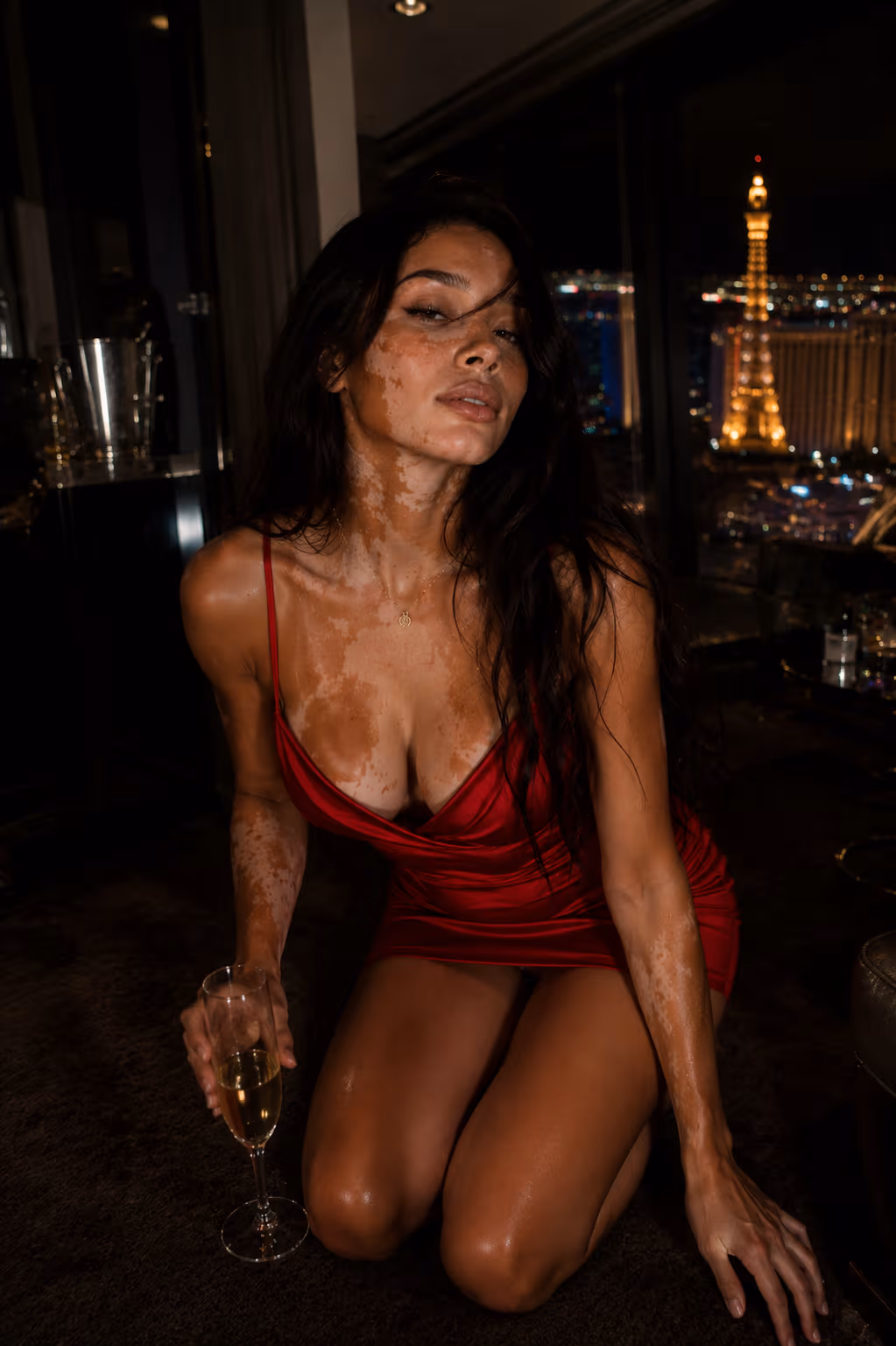Slim brunette in red dress, big natural tits out