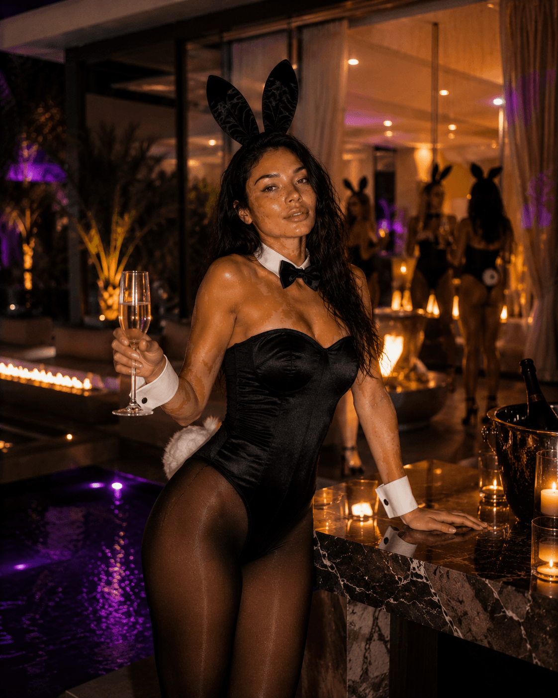 Wavy brunette brown eyes in glossy black bunny costume