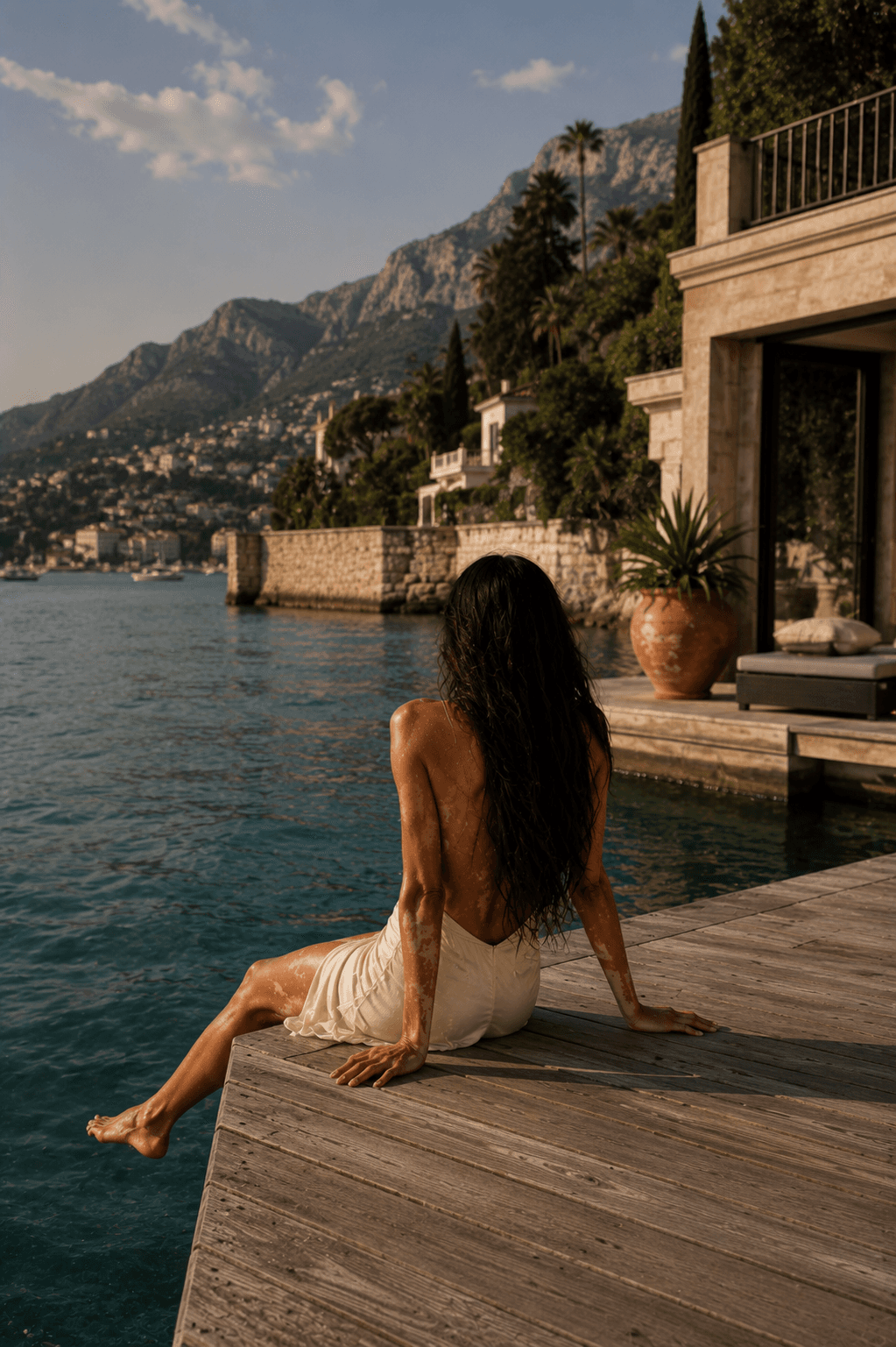 Young adult brunette on dock in clinging backless dress