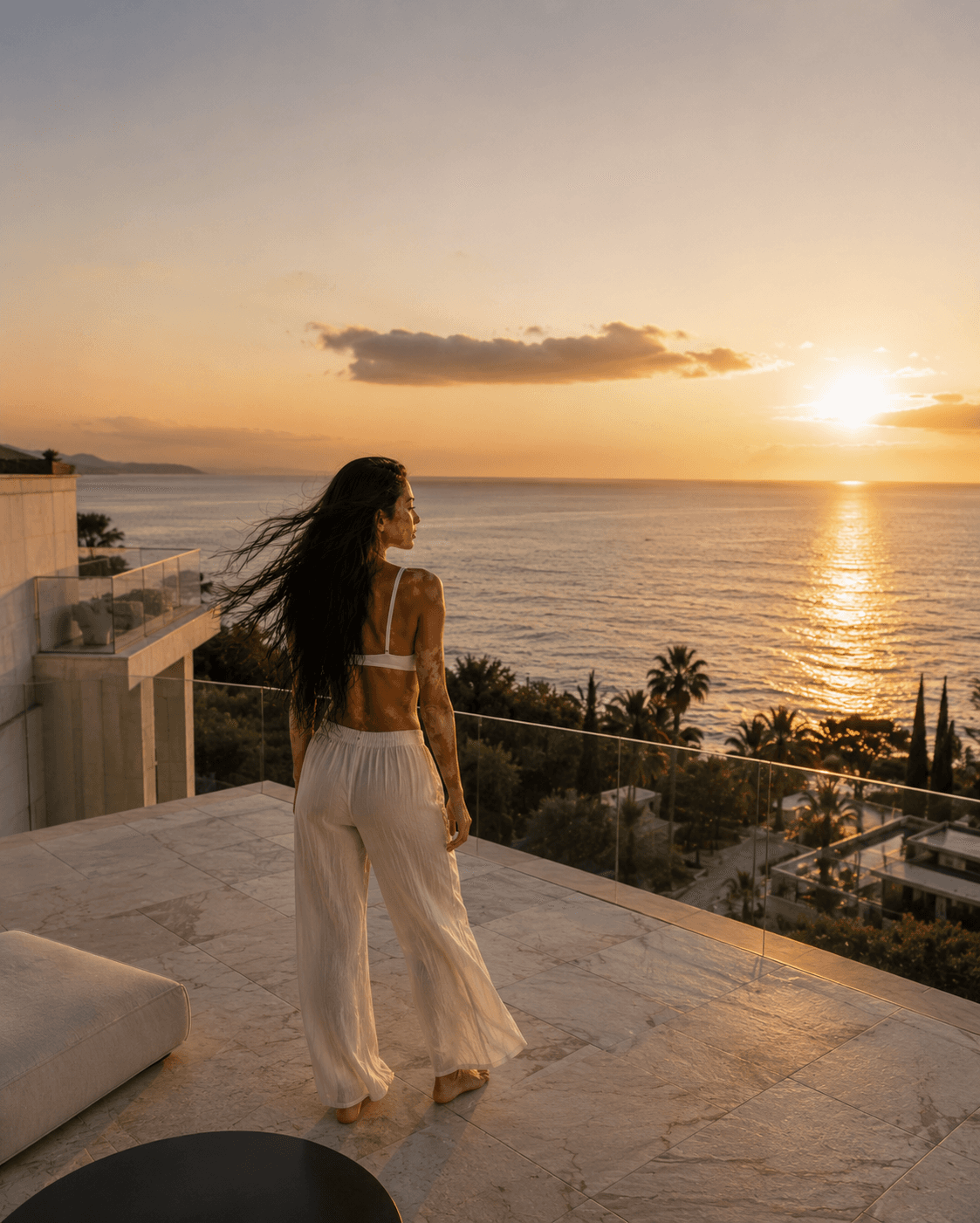 Back view balcony sunset in white crop top and pants