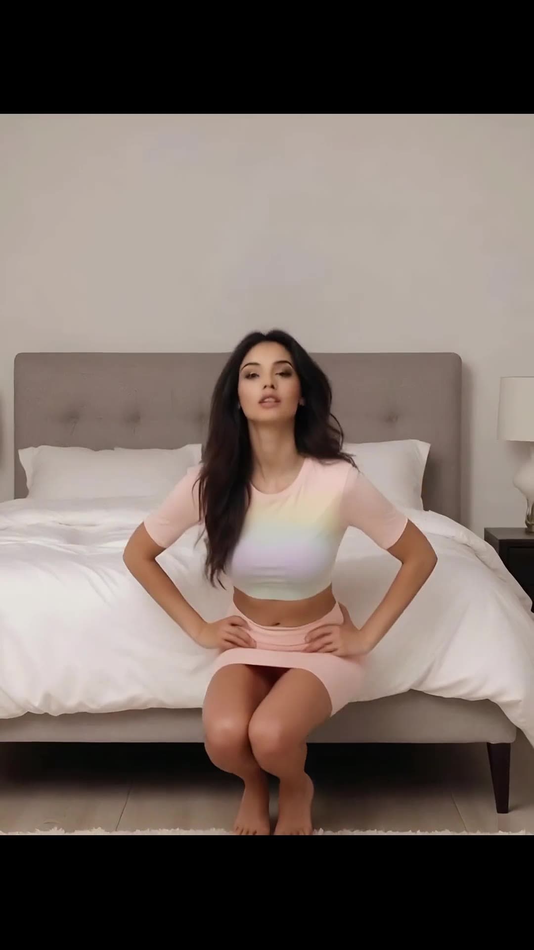Early 20s brunette in rainbow crop top on bed