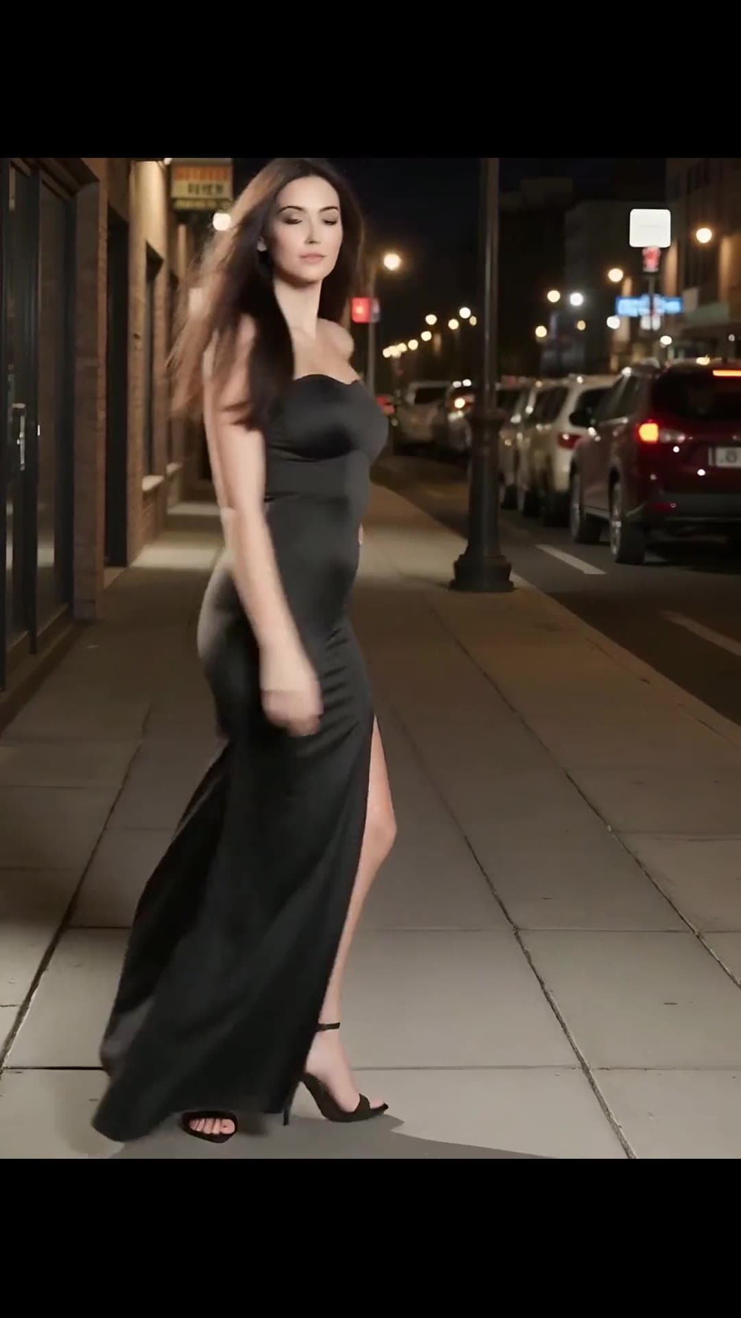 Curvy Asian in black evening gown walking city night
