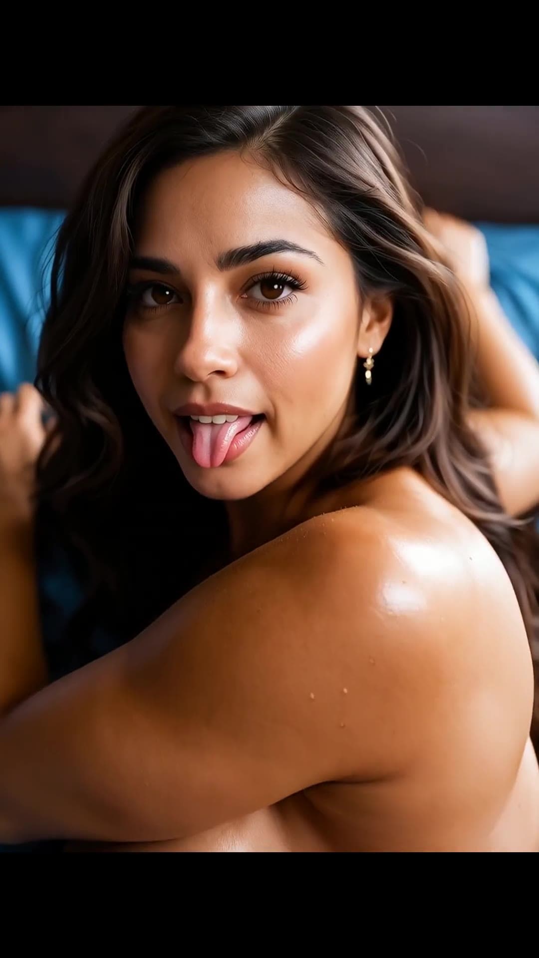 Topless wavy brown hair babe selfie on blue sheets