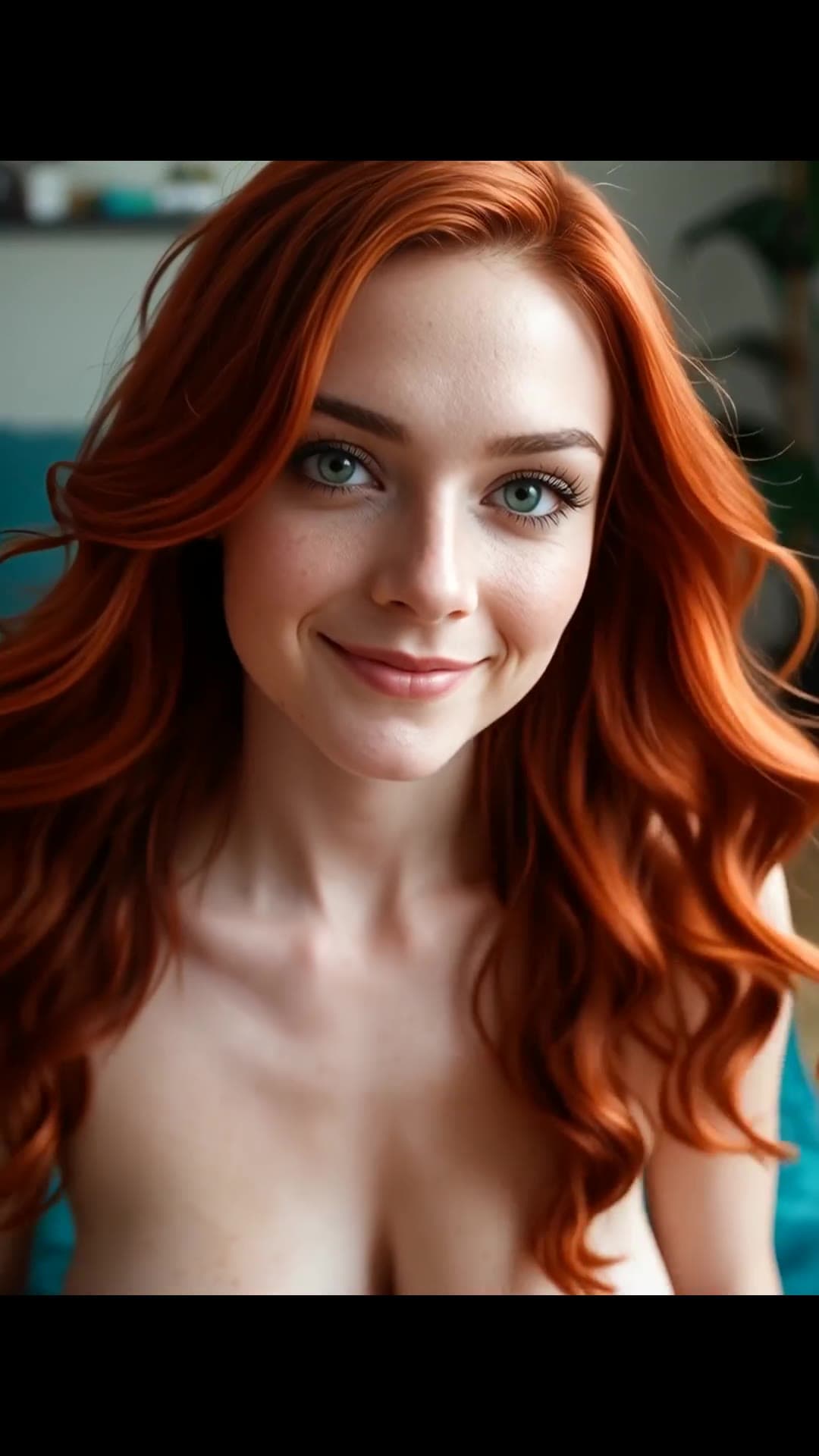 Topless redhead selfie with green eyes indoors