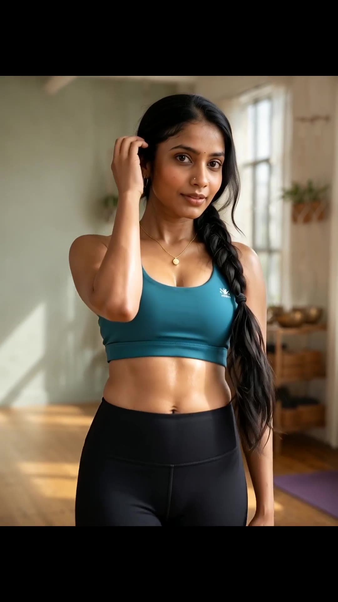 Young adult brunette trainer in teal sports bra studio pose
