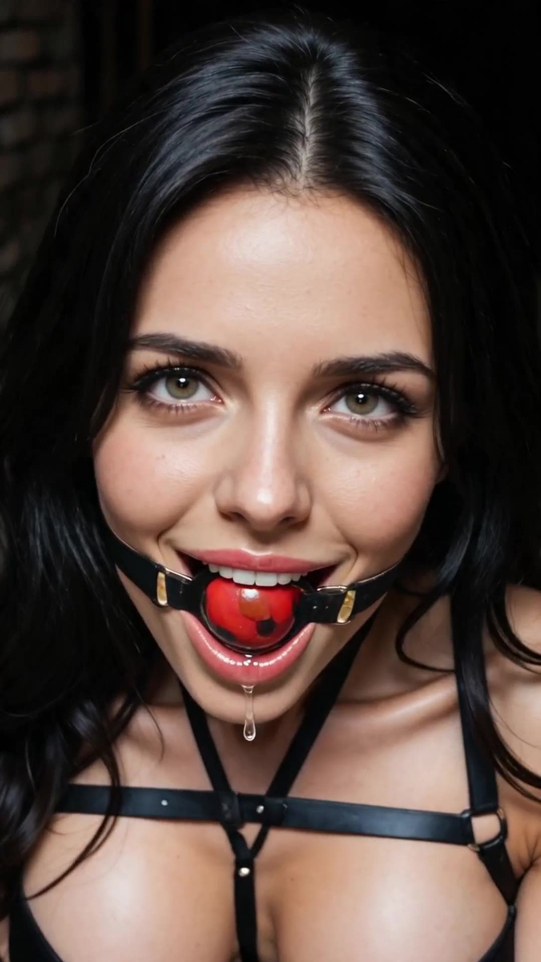 Close up ball gag face with leather harness