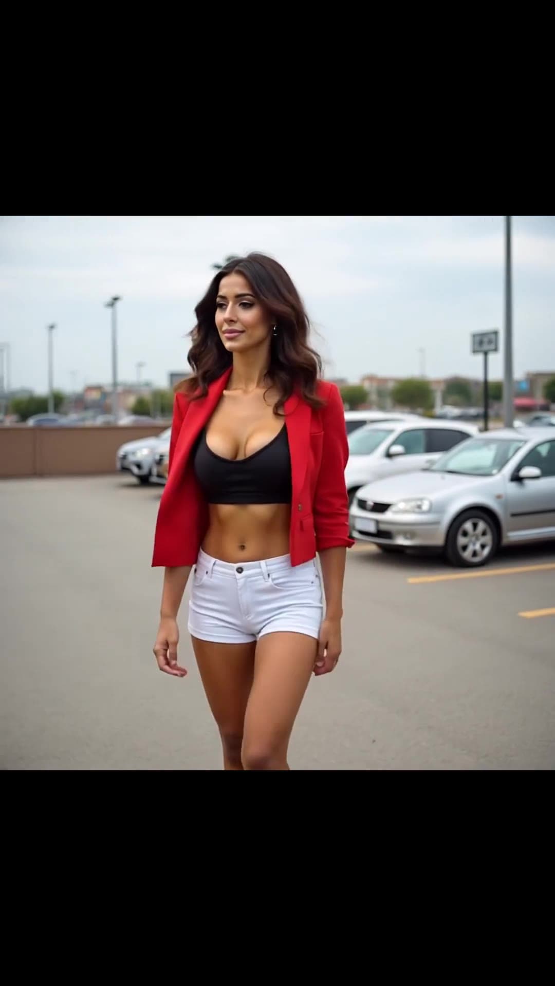 Young adult Asian fitness model in red blazer parking lot