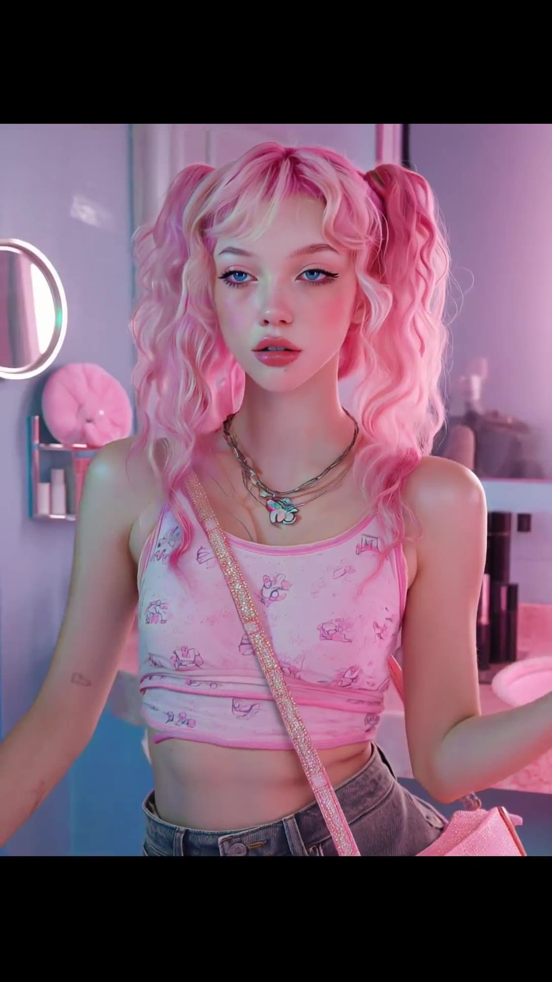 Pink pigtails Asian in cropped tank bathroom tease