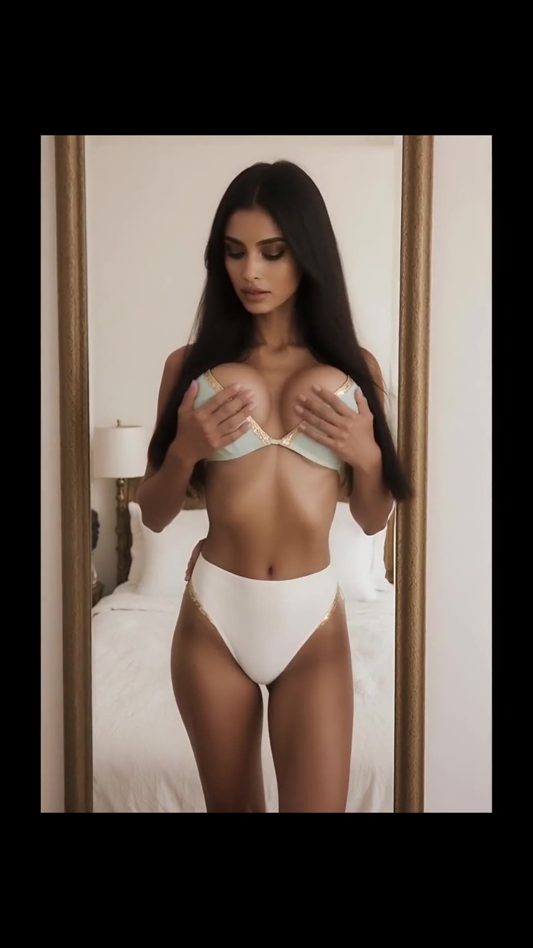 Young adult Indian model squeezing big tits in mirror